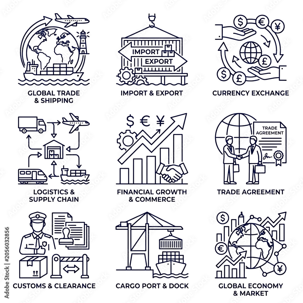 Fototapeta premium Vector icons illustrating global trade, commerce, and finance concepts on transparent background