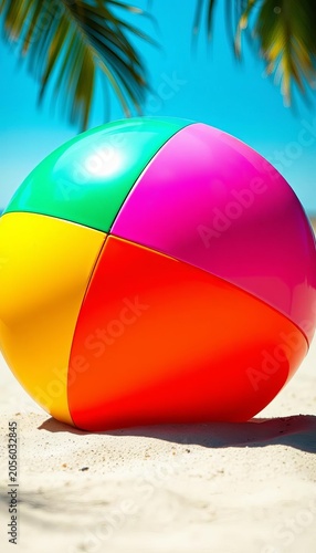 Brightly colored beach ball with contrasting panels, pool, outdoor