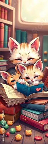 Cute cartoon kittens surrounded by books and reading, colorful background, kitten characters