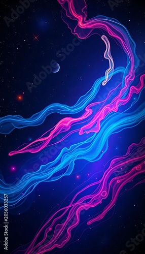 Ethereal cosmic brushstrokes dance across dark space, mysterious, dynamic