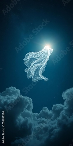 Ethereal ghostly figure drifts across starry night sky, surrounded by swirling clouds, celestial, cloudy