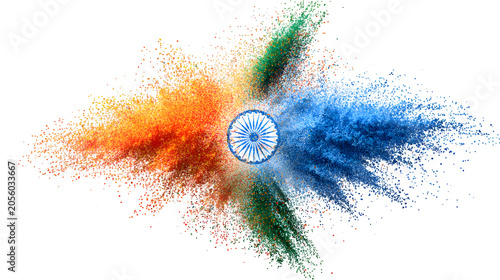 Ashoka Chakra symbol with colorful powder explosion concept isolated on transparent background