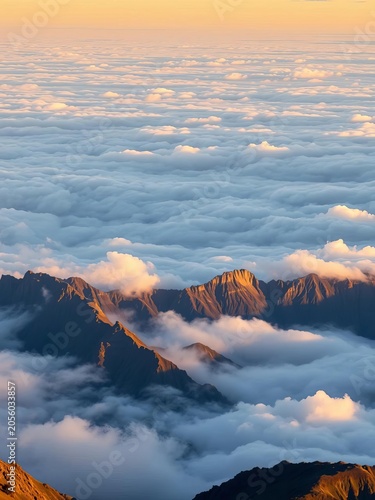 Golden light dancing across peaks as clouds stretch out like a canvas of misty blue, natural beauty, mountain range