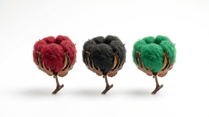 Three colored cotton flowers in Pan-African red, black, and green isolated on white