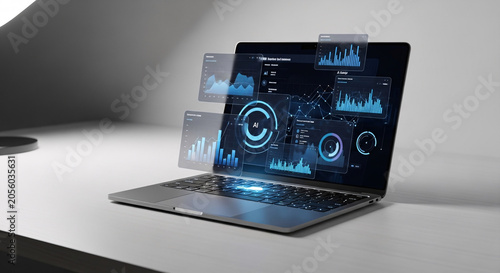 Futuristic Laptop Displaying Holographic Data Visualizations and Ai Interface on Modern Desk