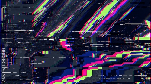 Abstract digital glitch effect with colorful neon light streaks and dark texture.