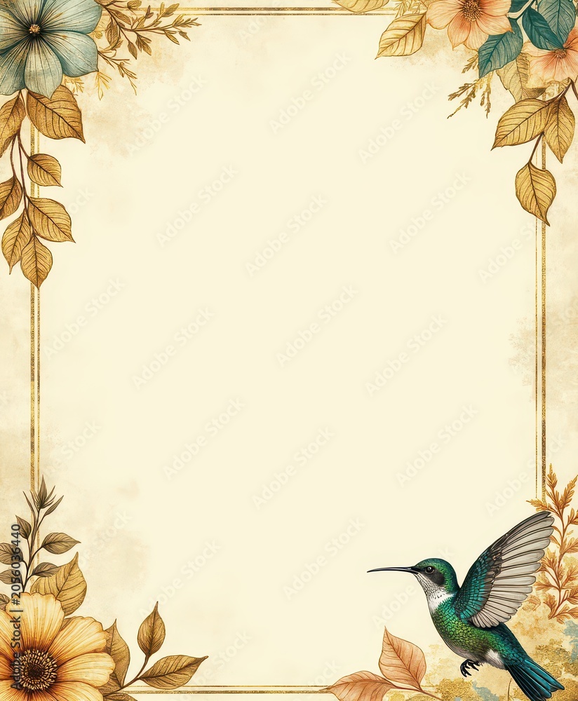 Obraz premium Elegant Vintage Style Hummingbird and Floral Border Design