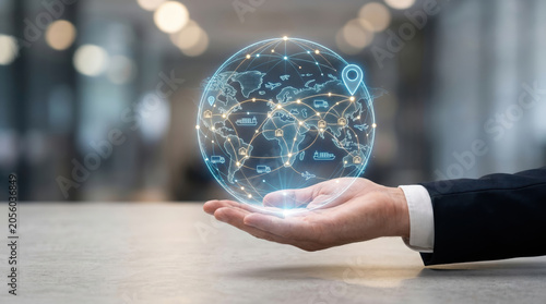 Global logistics delivery transportation supply chain resilience route map location hologram over world in palm hand showing modern network connection and tracking concept
