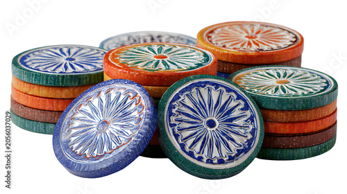 Stacked colorful wooden game tokens with carved floral patterns isolated on transparent background