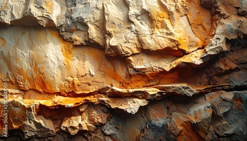Close-up of layered rock formations with orange and grey hues.