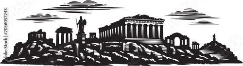 Foto Ancient Greek ruins and Parthenon temple skyline in vintage woodcut style silhou