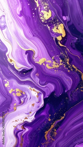 Swirling patterns of purple and gold paint create an abstract marbled effect.