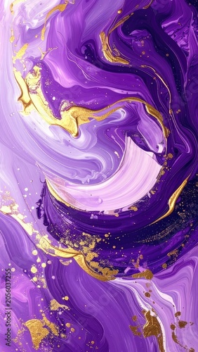 An abstract swirling pattern of purple and gold paint.