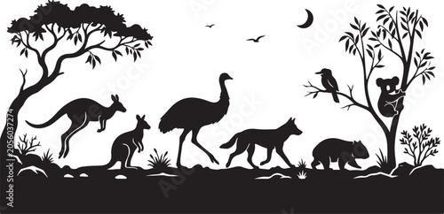 Photography Australian Outback Wildlife Silhouettes set of silhouette vector on a white back