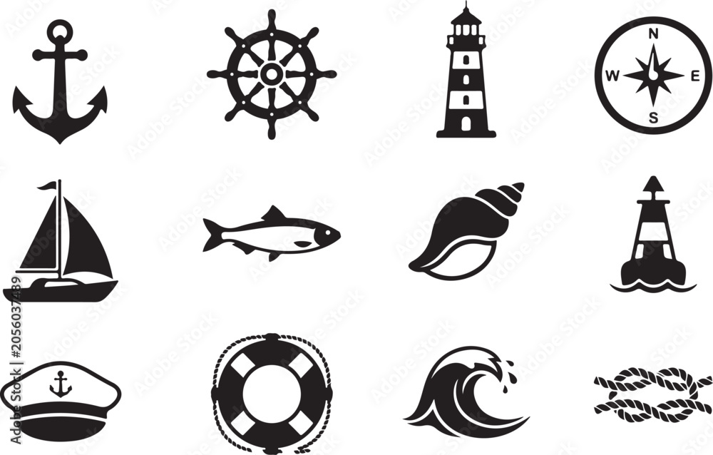 Obraz premium Anchor wheel lighthouse compass sailboat fish shell buoy captain hat lifebuoy wave rope knot icons set silhouette vector on a white background