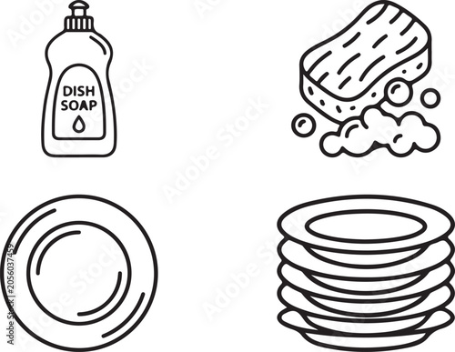 Slika na platnu Icons include a single dinner plate, a textured sponge with bubbles, a detergent
