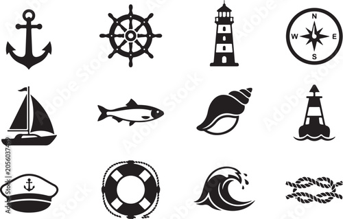 Foto Anchor wheel lighthouse compass sailboat fish shell buoy captain hat lifebuoy wa