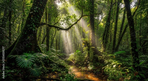 Sunlight Beams Illuminating a Lush Tropical Rainforest Path