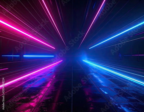 A dark corridor illuminated by bright neon pink and blue lights.