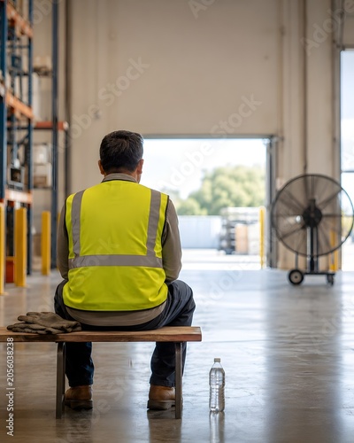A back-view warehouse worker in a yellow safety vest rests on a bench near a large fan and water bottle, representing heat illness prevention, hydration, and workplace safety.