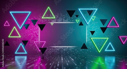 Abstract Neon Triangle Frame with Digital Cyberpunk Background