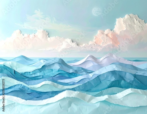 A serene paper-cut art piece depicts a whimsical seascape with layered blue waves under a pastel sky with fluffy clouds and a faint moon.