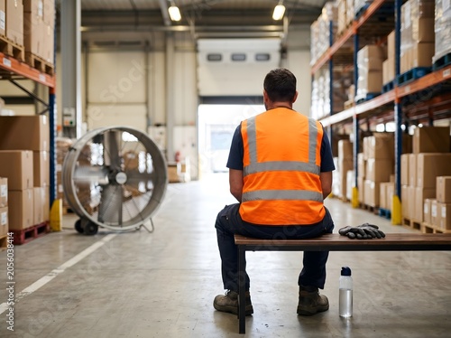 A warehouse worker in a reflective vest sits on a bench during a cooling break with an industrial fan and water bottle nearby, showing heat safety and worker wellness.
