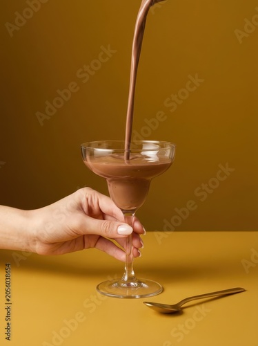 Rich chocolate is poured into a martini glass held by a woman's hand.