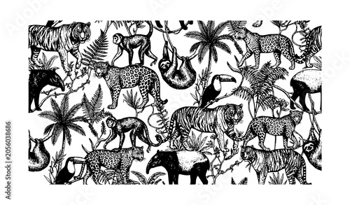 Photography Jungle animals seamless pattern with tropical palm leaves and vintage engraved w