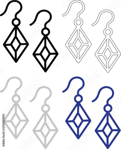 Schilderij op canvas Geometric Diamond Earrings in Black White Grey and Blue Line Art for Jewelry Des