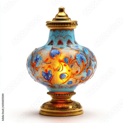 Exquisite Ornate Moroccan Style Lamp With Golden Accents And Intricate Blue And Red Floral Patterns Illuminated