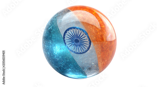 Glass sphere with Indian flag design featuring a textured surface isolated on transparent background
