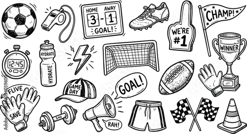 Hand Drawn Sports Doodle Set Soccer, Football, and Fitness Elements Line Art