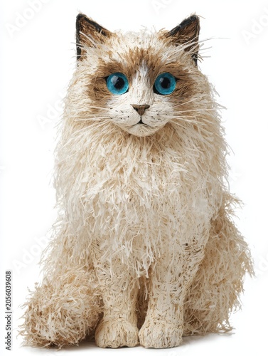 Fluffy Ragdoll Cat Sculpture with Bright Blue Eyes Against a White Background