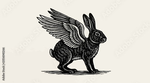 Whimsical black and white linocut illustration of a mythical winged rabbit standing on a light textured background representing a surreal imaginative creature perfect for fantasy art and...