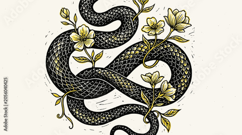 Artistic linocut illustration of a black coiled serpent entwined with delicate yellow flowers against a textured cream background, symbolizing nature and transformation