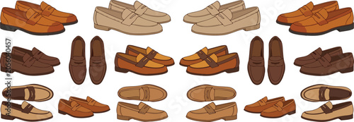 Bild auf Leinwand Brown and tan elegant male formal shoes set flat design vector illustration featuring various types of mens business oxfords loafers top view and side view