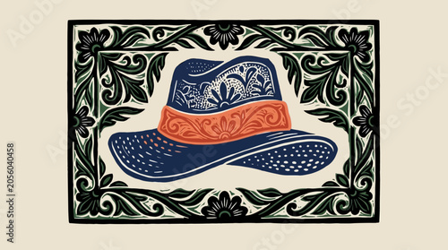 Vintage inspired linocut illustration of a stylish blue fedora hat with an ornate orange band, framed by decorative green foliage and black borders, perfect for editorial, fashion, or artisanal...