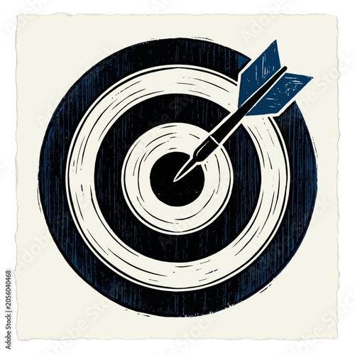 Illustration of a dart hitting the bullseye on a target, symbolizing success, achievement, and focus, rendered in a bold graphic linocut style against a textured paper background.