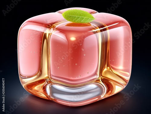 Minimalist Pink Jelly Cube With A Bright Green Leaf Resting On A Dark Grainy Background