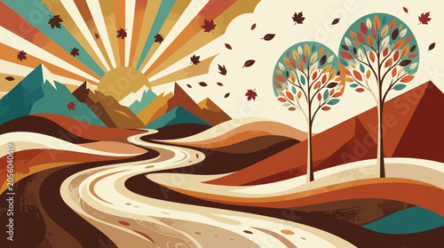 Vibrant retro autumn landscape in a vintage illustration style featuring a winding river, stylized mountains, and colorful falling leaves under a radiant sunburst sky
