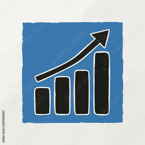 Illustration of a black bar graph with an upward trending arrow against a vibrant blue square background on textured paper, symbolizing growth and progress