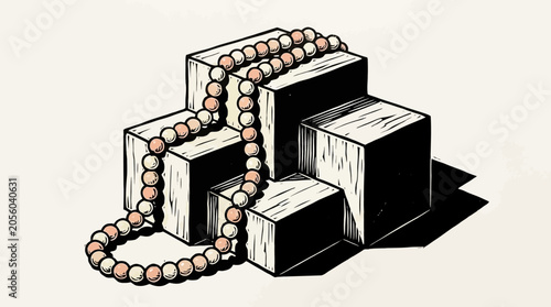Artistic linocut illustration of a pearl necklace draped over minimalist geometric blocks, conveying elegance, luxury, and abstract beauty in a modern, graphic style perfect for design projects.