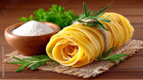Fresh Homemade Fettuccine Pasta Nests With Flour And Fresh Rosemary Herbs On A Rustic Wooden Table