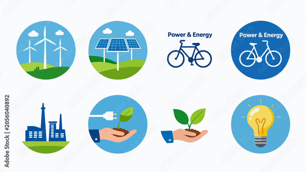 Fototapeta premium Renewable energy icons set, sustainable green power and ecology symbols vector, solar panels and wind turbine illustrations for environmental projects
