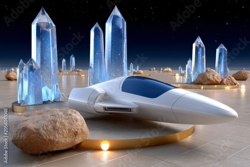 Sleek White Spaceship Landing On Alien Moon Surface With Giant Translucent Glowing Crystal Formations