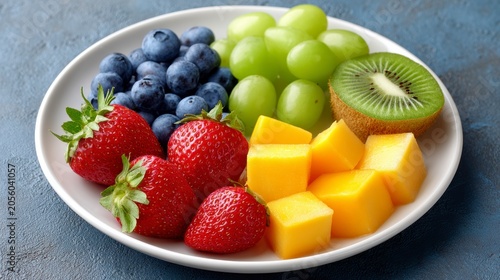 Fresh Vibrant Fruit Platter With Strawberries Blueberries Mango Grapes And Kiwi On Blue Background