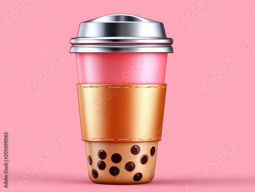 3D Rendered Pink Bubble Tea Cup With Gold Glitter Sleeve Against A Soft Pastel Pink Background