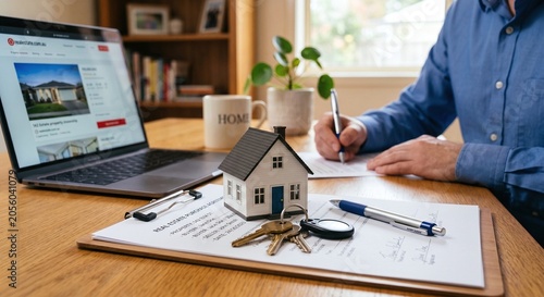 Man signing a real estate purchase agreement next to a model house and keys while browsing property online.