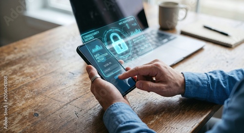 Person logging into a smartphone using multi-factor authentication (MFA) and advanced cybersecurity data protection.